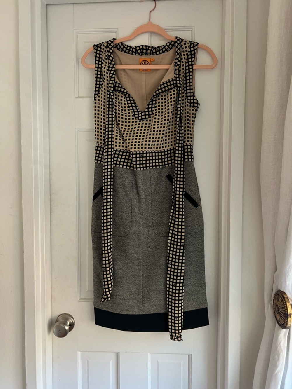 Tory Burch Black and Cream Patterned Midi Sheath Dress